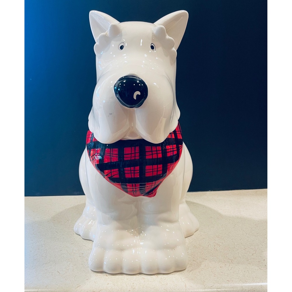 White Terrier Dog Cookie Jar Ceramic Red Plaid Bandana Westie Scottie Holiday